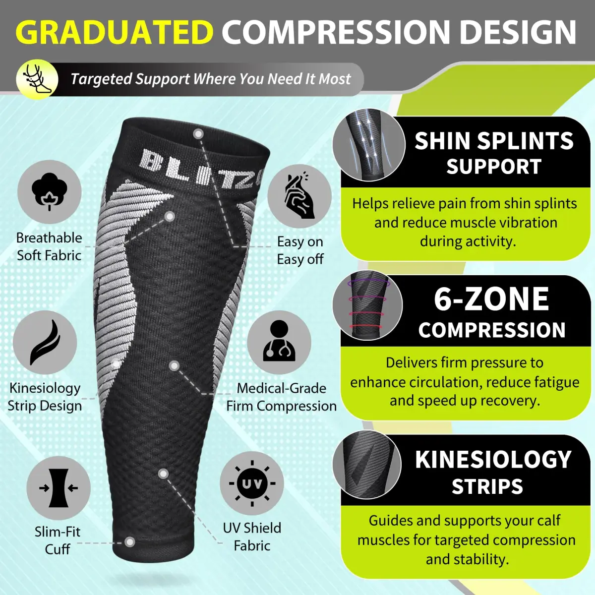 BLITZU Calf Compression Sleeves Black XX-Large | Orthopedic Brace for Shin Splints & Varicose Veins - view 3