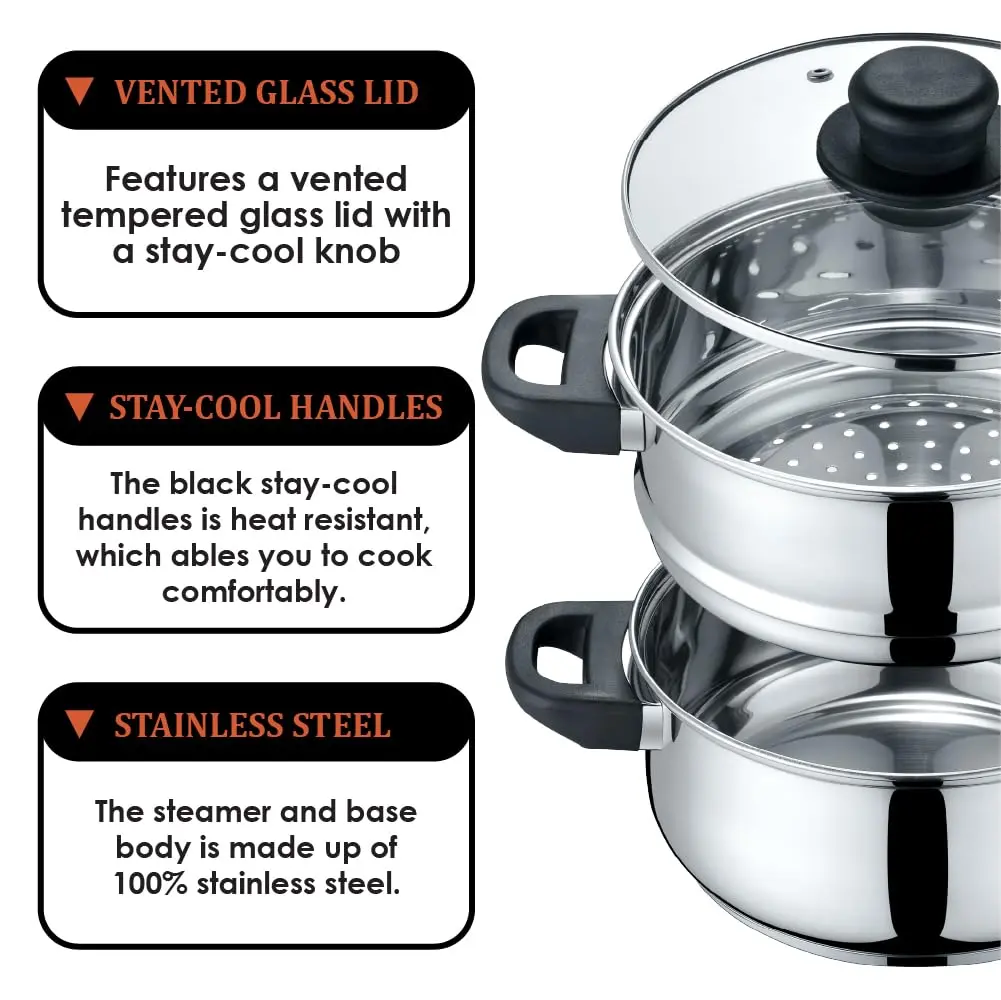 Concord 3 Quart Stainless Steel Steamer Set | Induction Compatible, 2 Tier, Tempered Glass Lid - view 4