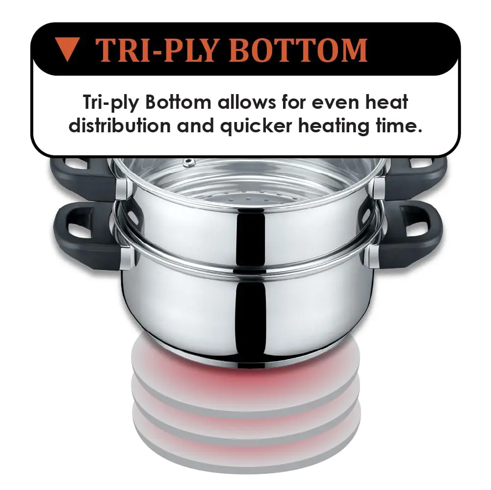 Concord 3 Quart Stainless Steel Steamer Set | Induction Compatible, 2 Tier, Tempered Glass Lid - view 5