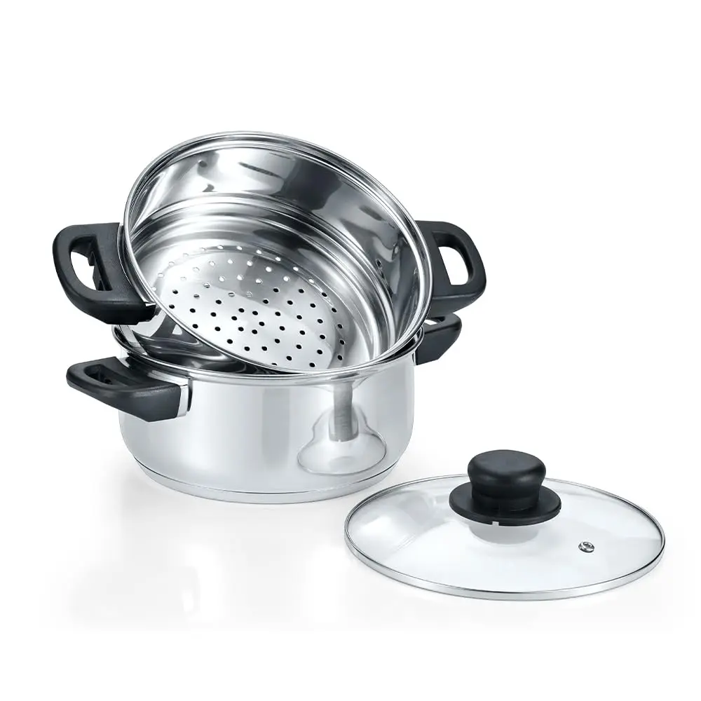 Concord 3 Quart Stainless Steel Steamer Set | Induction Compatible, 2 Tier, Tempered Glass Lid - main product image
