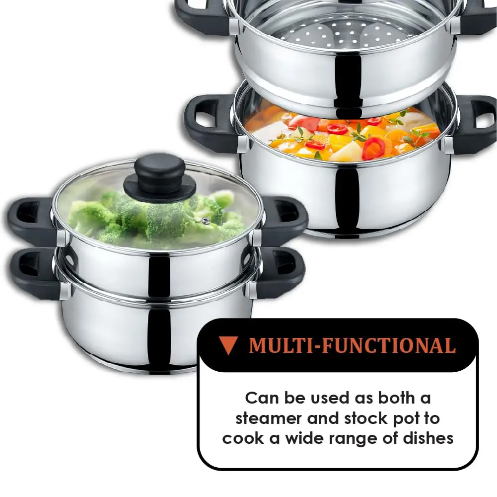 Concord 3 Quart Stainless Steel Steamer Set | Induction Compatible, 2 Tier, Tempered Glass Lid - view 7