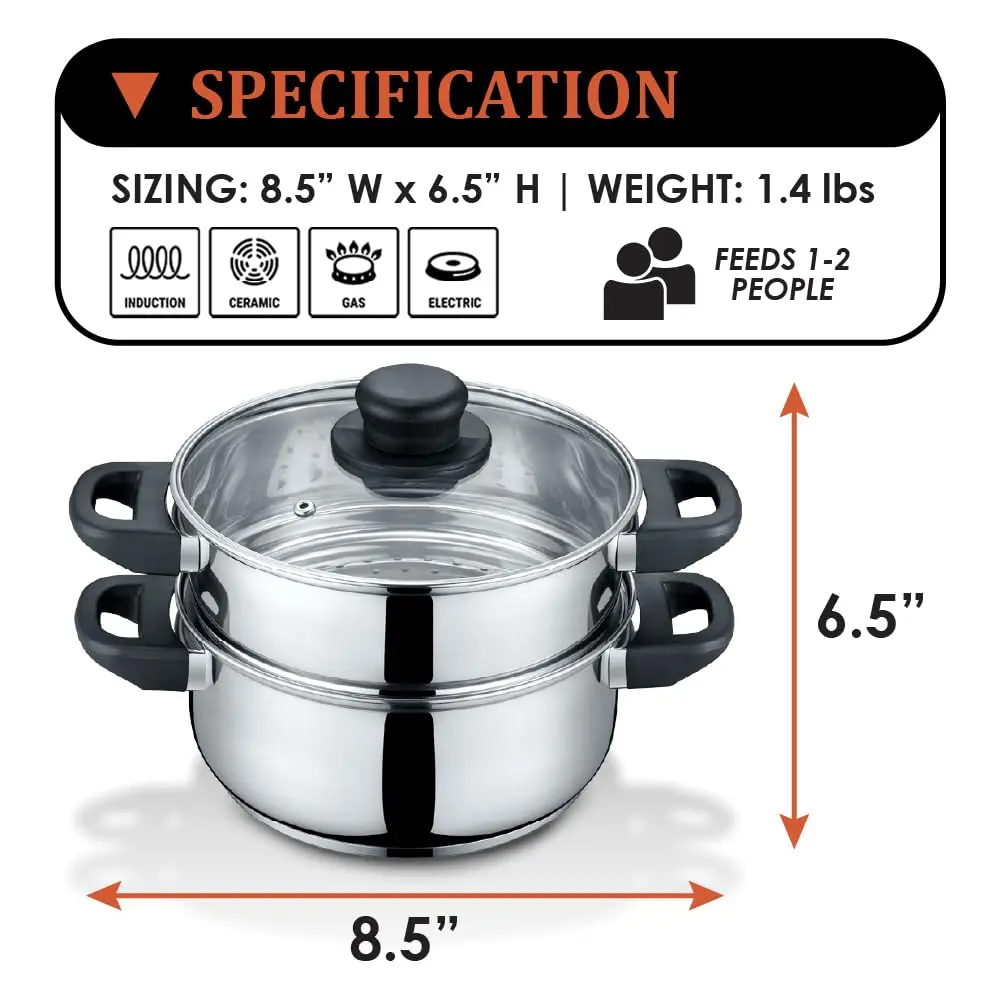 Concord 3 Quart Stainless Steel Steamer Set | Induction Compatible, 2 Tier, Tempered Glass Lid - view 2