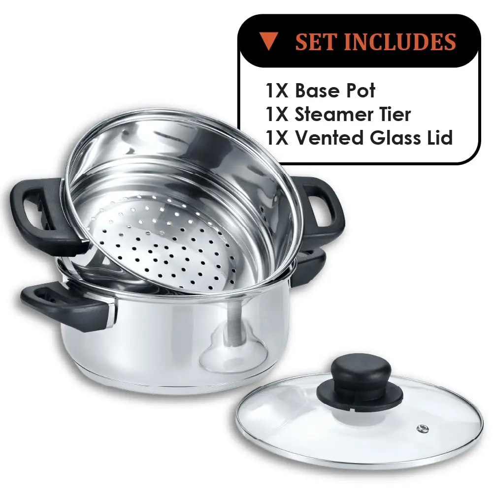 Concord 3 Quart Stainless Steel Steamer Set | Induction Compatible, 2 Tier, Tempered Glass Lid - view 3