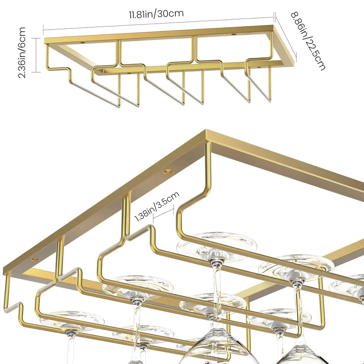Nuovoware Wine Glass Rack, 3 Rows, Gold | Space Saving Kitchen Organizer - view 5