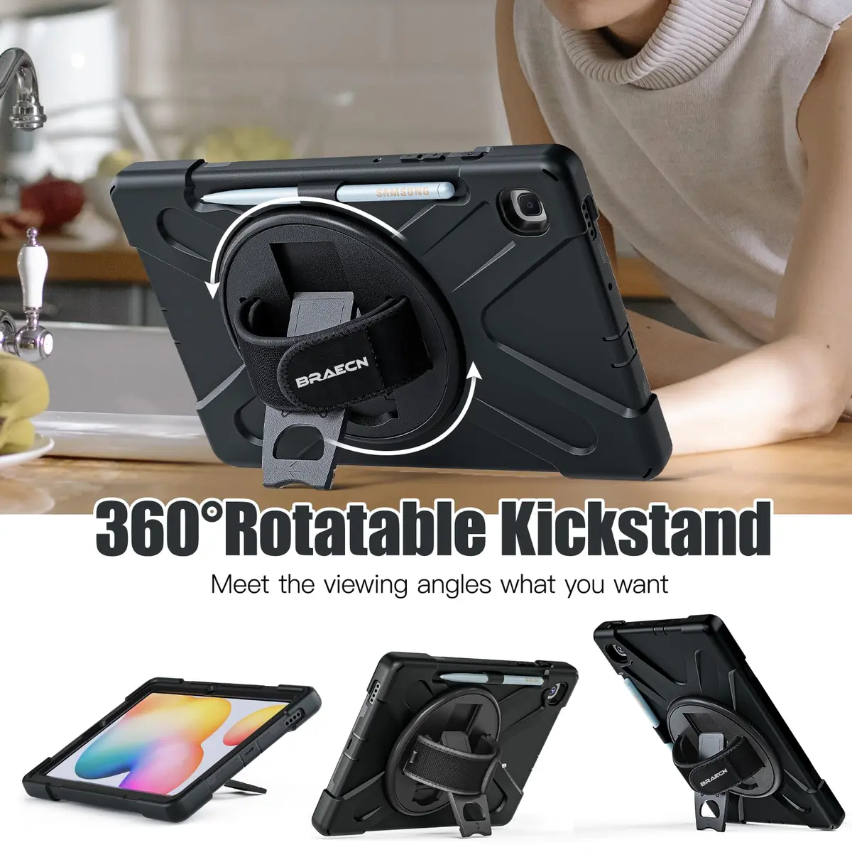 BRAECNstock Rugged Case for Samsung Galaxy Tab S6 Lite 10.4" (2020/2022/2024) with Hand Strap & Stand, 450g - view 5