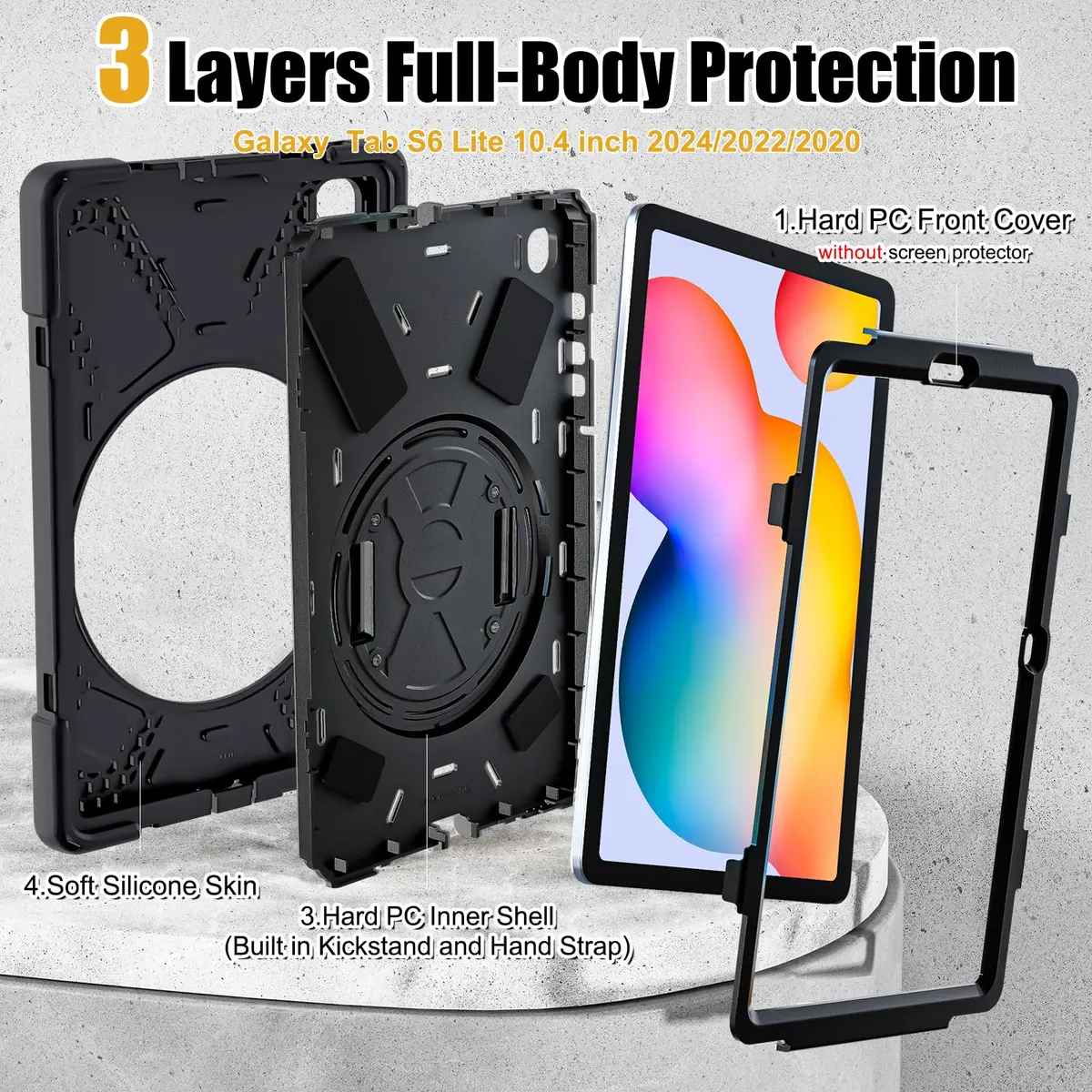 BRAECNstock Rugged Case for Samsung Galaxy Tab S6 Lite 10.4" (2020/2022/2024) with Hand Strap & Stand, 450g - view 7
