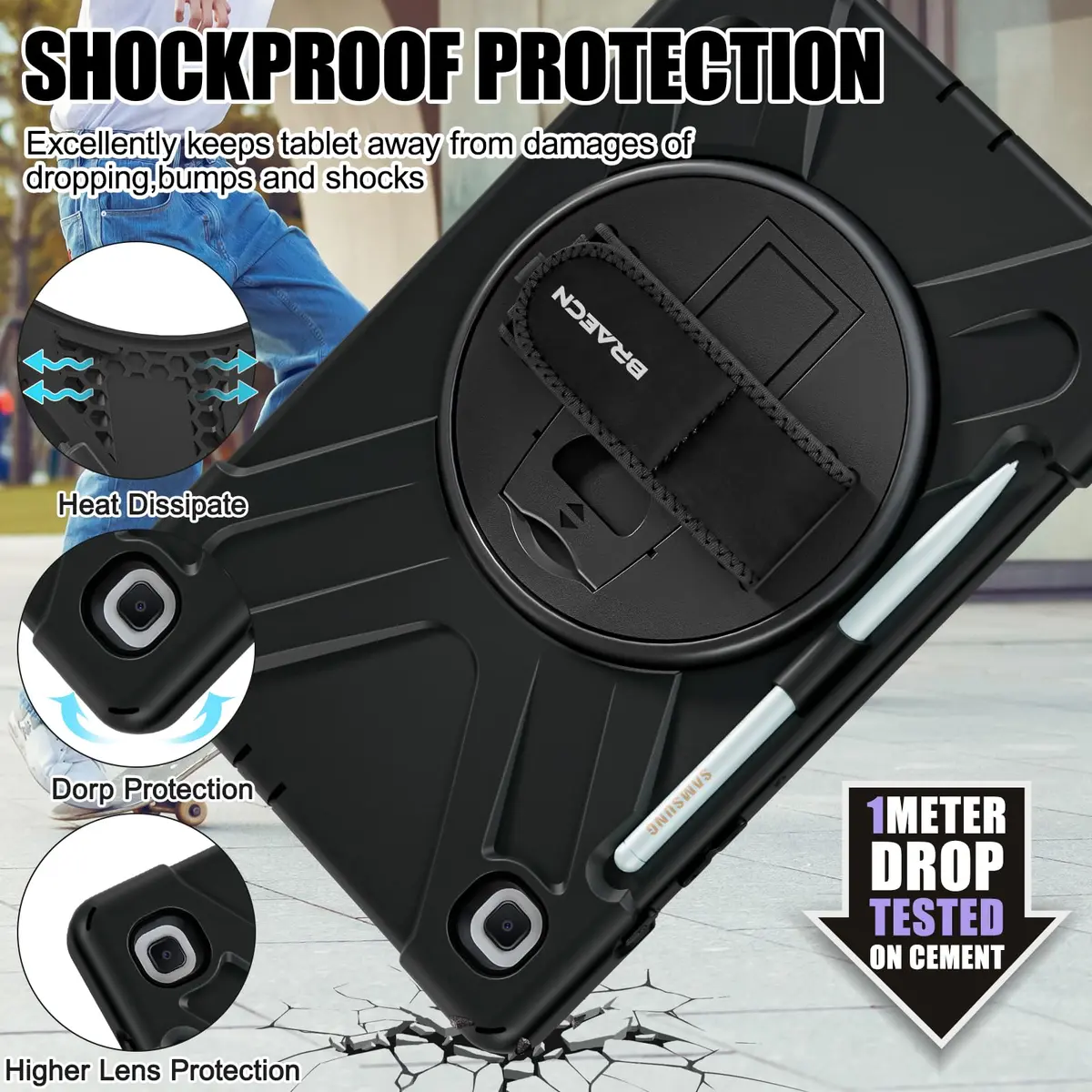 BRAECNstock Rugged Case for Samsung Galaxy Tab S6 Lite 10.4" (2020/2022/2024) with Hand Strap & Stand, 450g - view 3