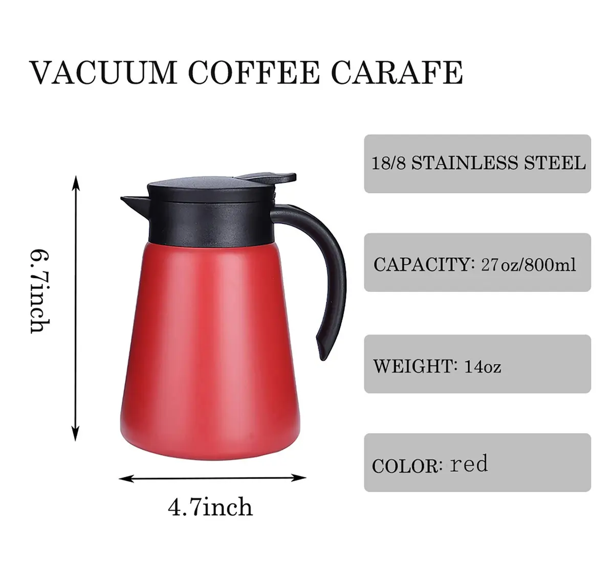 JOYSIP Red 800ml (27oz) Thermal Coffee Carafe with Handle | Double Walled Vacuum Insulated Pot - view 2