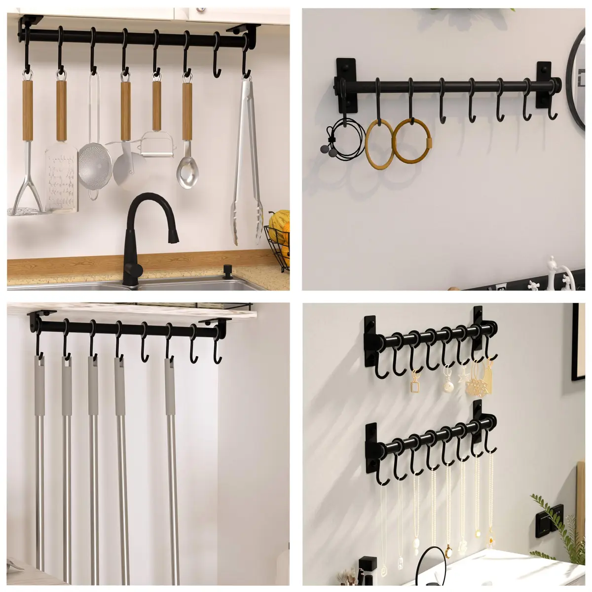 Dseap Black Stainless Steel Utensil Holder Rail with 8 Hooks | Wall Mount Kitchen Organizer 40cm (15.75in) - view 6