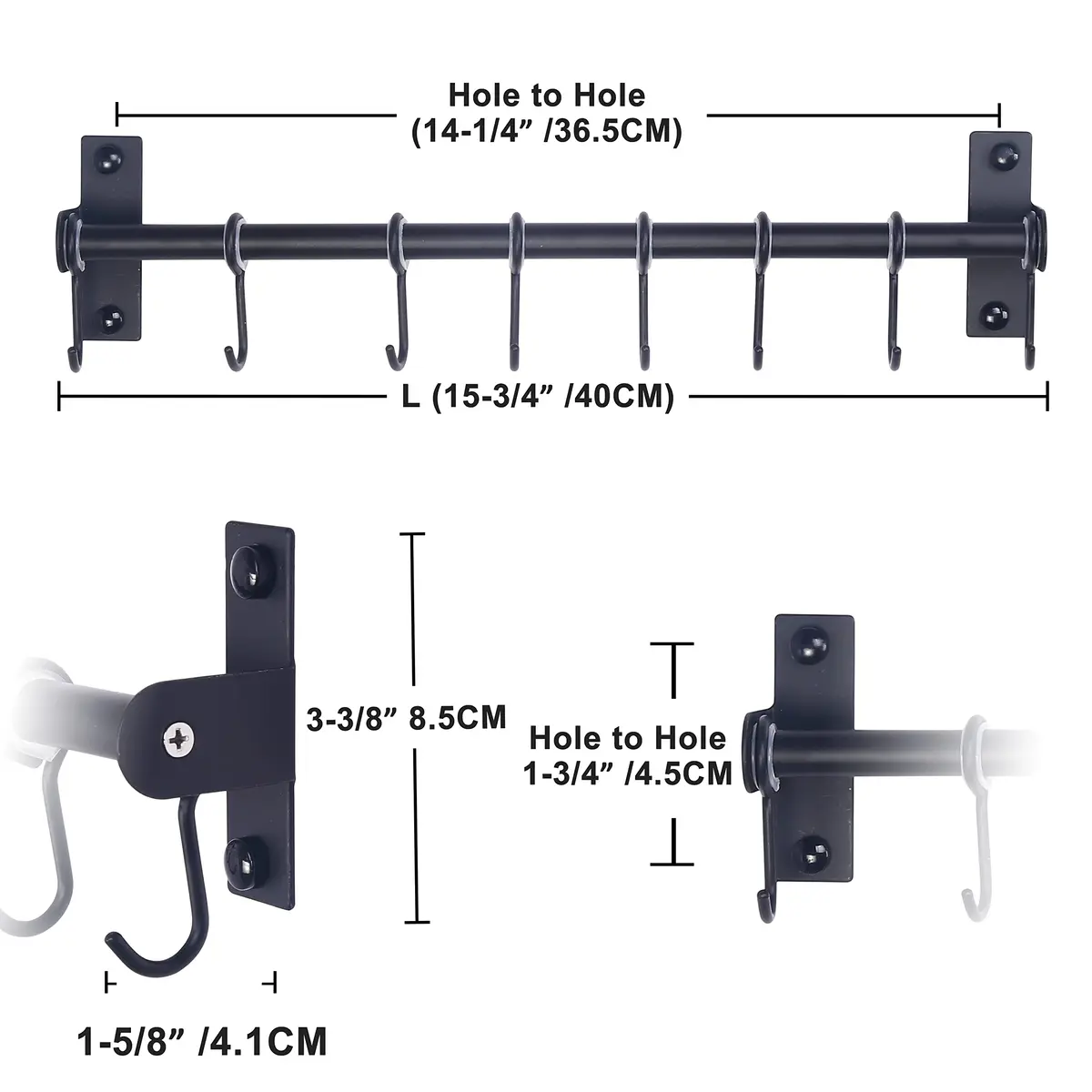 Dseap Black Stainless Steel Utensil Holder Rail with 8 Hooks | Wall Mount Kitchen Organizer 40cm (15.75in) - view 2