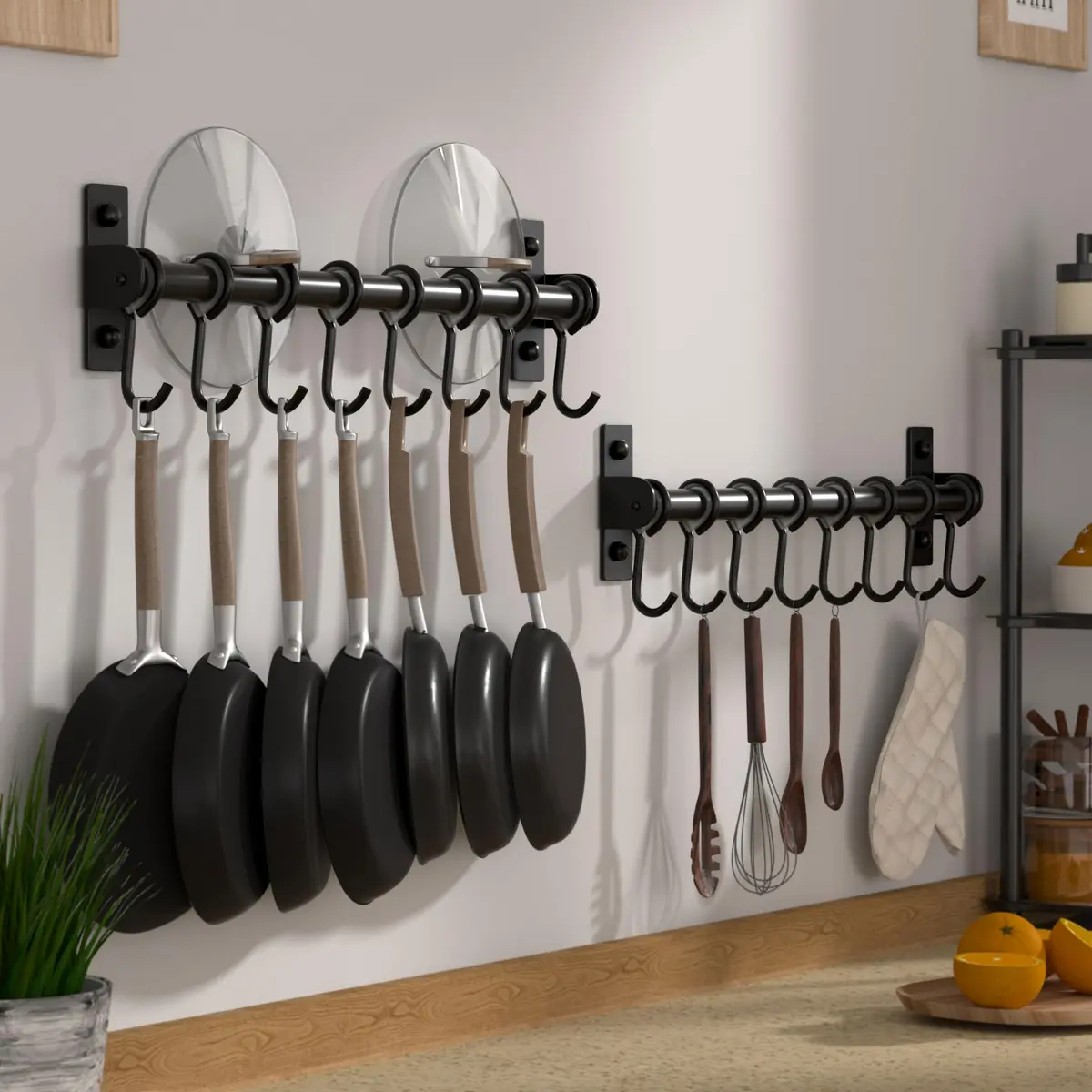 Dseap Black Stainless Steel Utensil Holder Rail with 8 Hooks | Wall Mount Kitchen Organizer 40cm (15.75in) - view 3