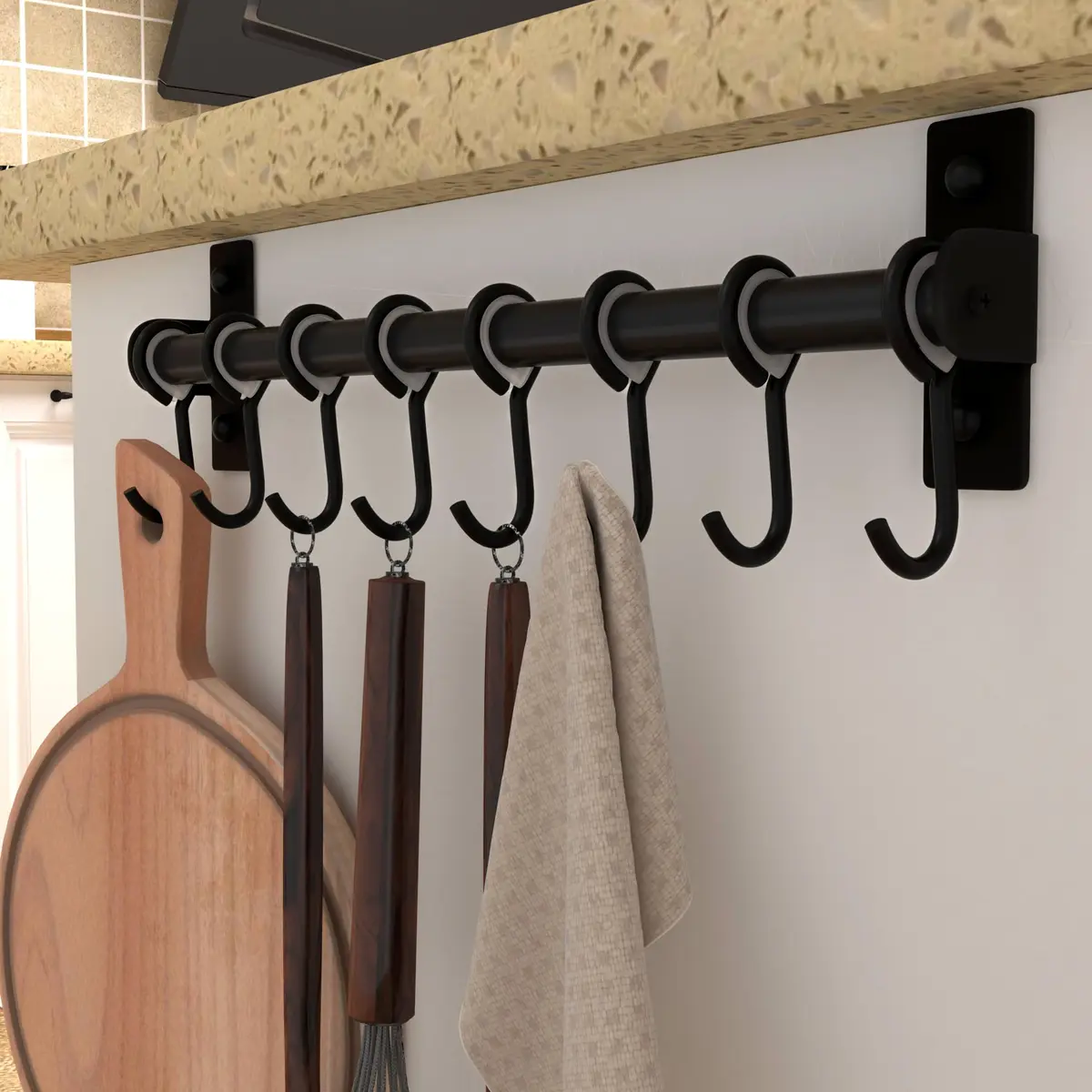 Dseap Black Stainless Steel Utensil Holder Rail with 8 Hooks | Wall Mount Kitchen Organizer 40cm (15.75in) - view 4