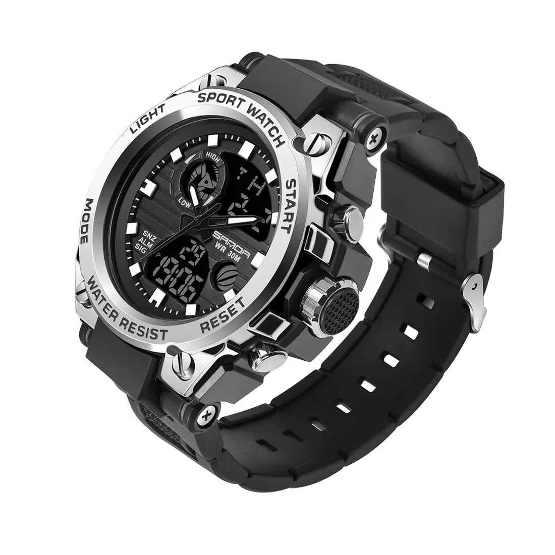 AIMES Men's Silver Sport Watch 53mm Dual Time Zone Military Watch with LED Alarm & Stopwatch - main product image