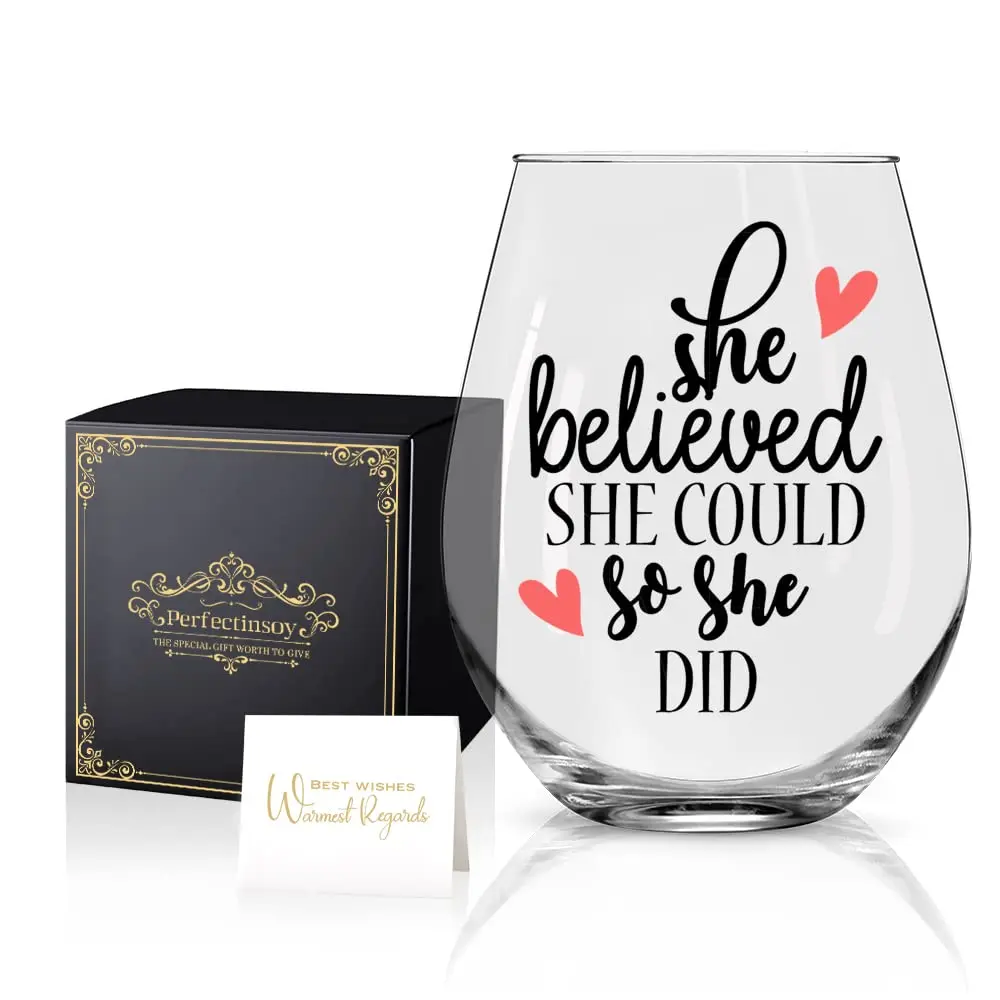 Perfectinsoy She Believed She Could So She Did Stemless Wine Glass 443ml (15 fl oz) | Inspirational Gift for Women - main product image