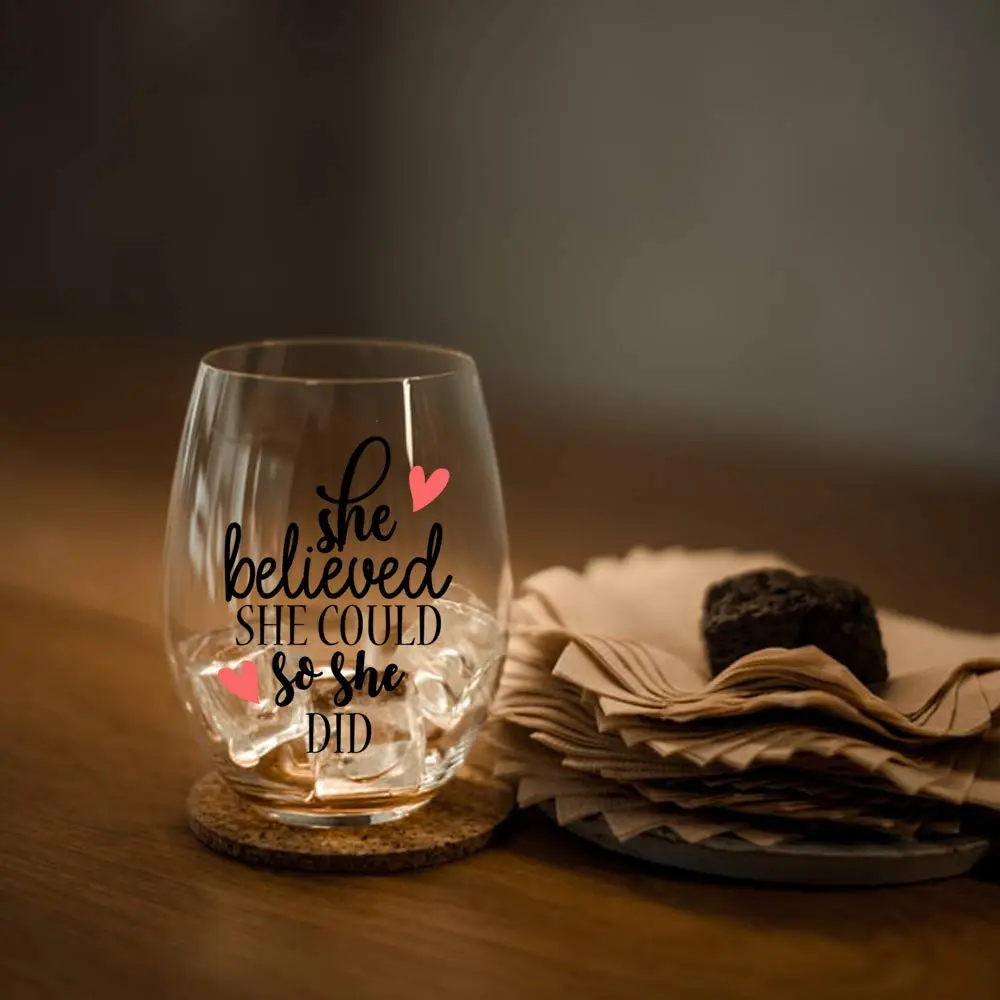 Perfectinsoy She Believed She Could So She Did Stemless Wine Glass 443ml (15 fl oz) | Inspirational Gift for Women - view 5