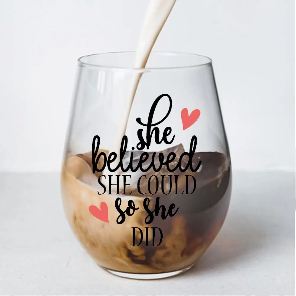 Perfectinsoy She Believed She Could So She Did Stemless Wine Glass 443ml (15 fl oz) | Inspirational Gift for Women - view 3
