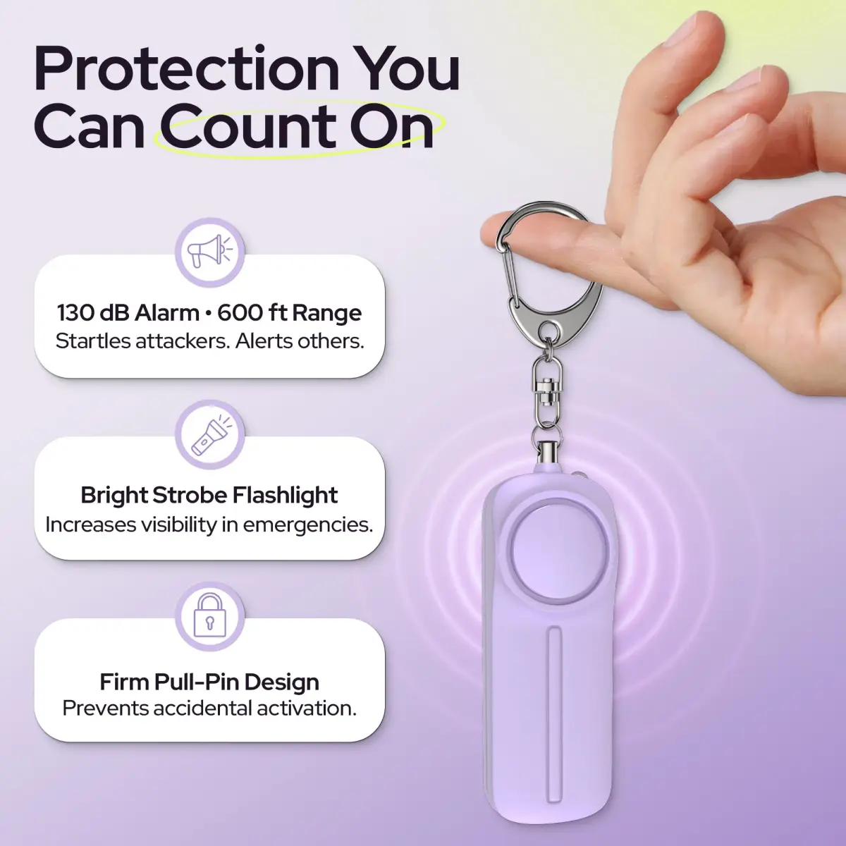 WETEN Personal Safety Alarm Keychain with LED Light & 130dB Siren, 50g (0.11 lb) | Purple - view 2
