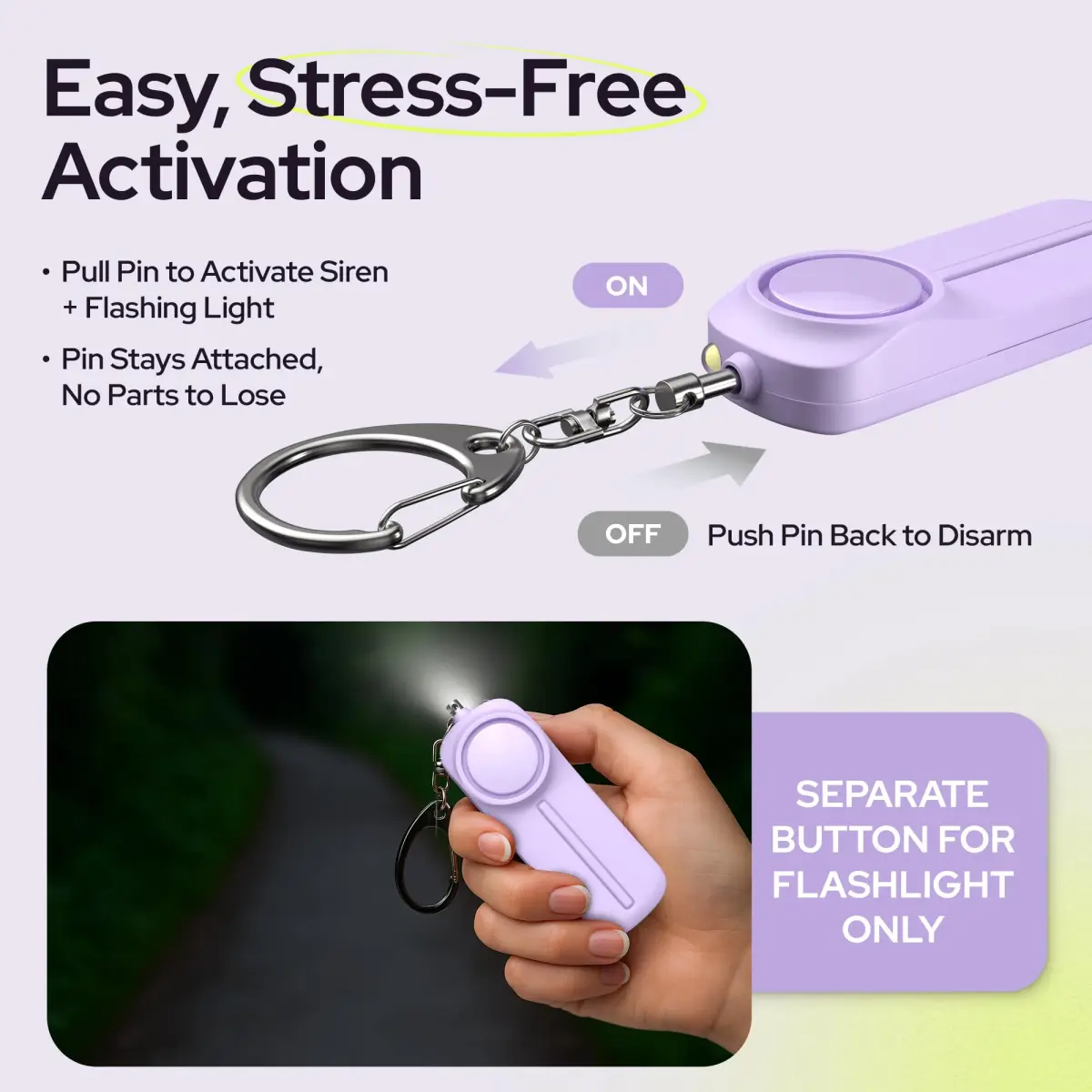 WETEN Personal Safety Alarm Keychain with LED Light & 130dB Siren, 50g (0.11 lb) | Purple - view 3
