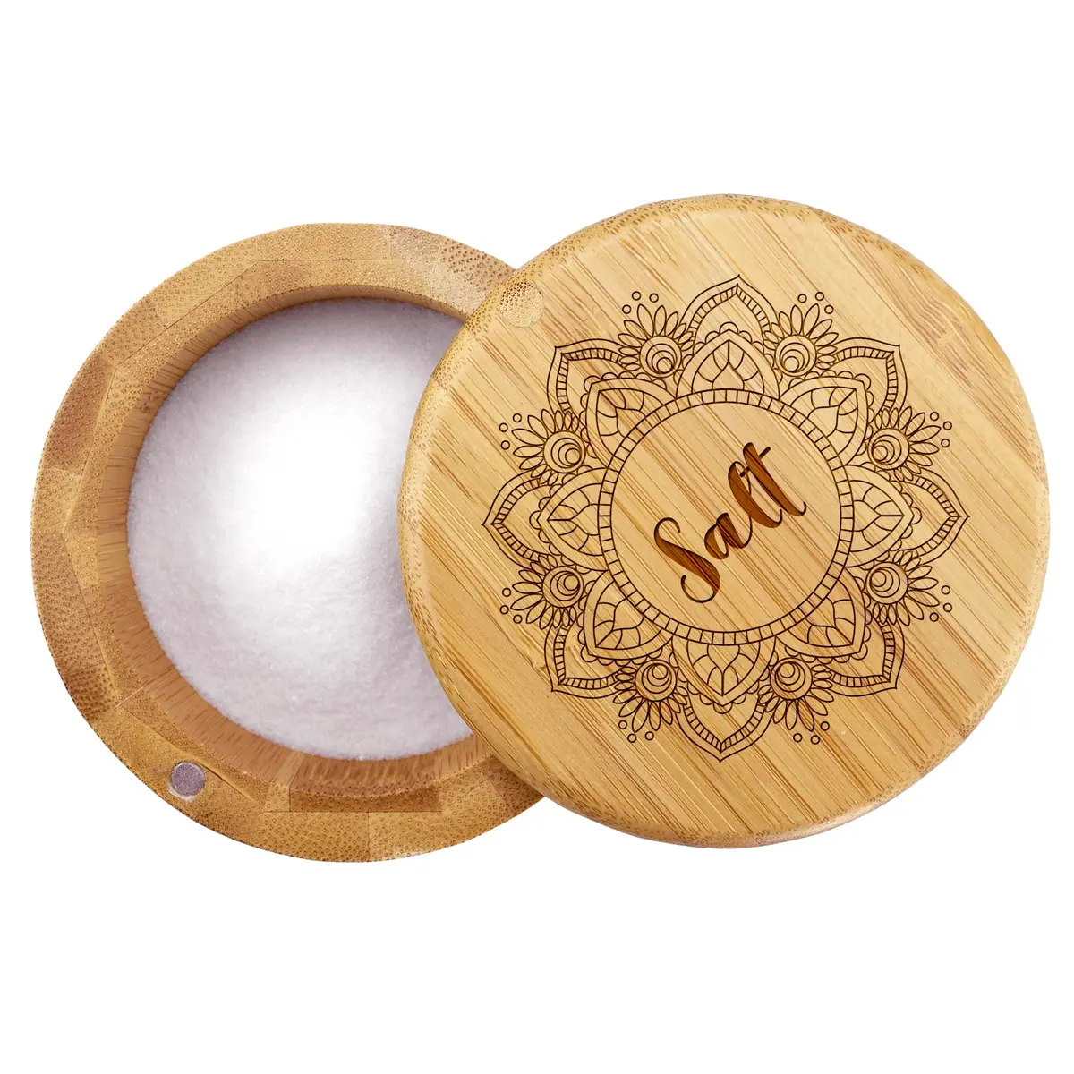 Totally Bamboo Mandala Flower Salt Cellar Bamboo Storage Box with Magnetic Swivel Lid, 6 oz (170 ml) | Keep Spices Handy - main product image