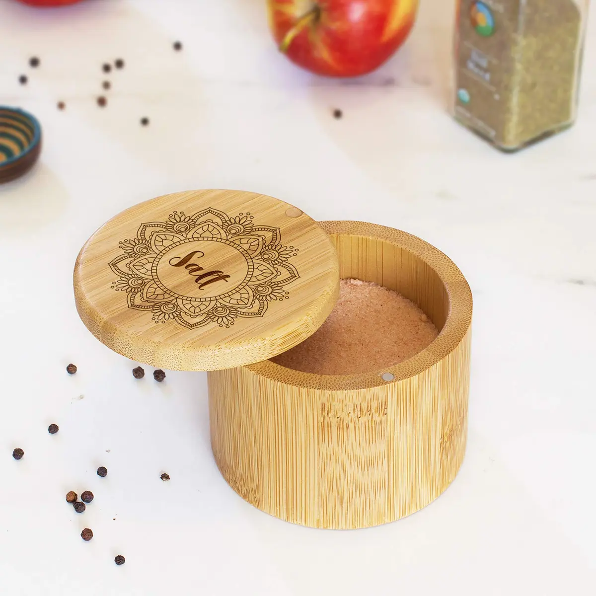 Totally Bamboo Mandala Flower Salt Cellar Bamboo Storage Box with Magnetic Swivel Lid, 6 oz (170 ml) | Keep Spices Handy - view 2