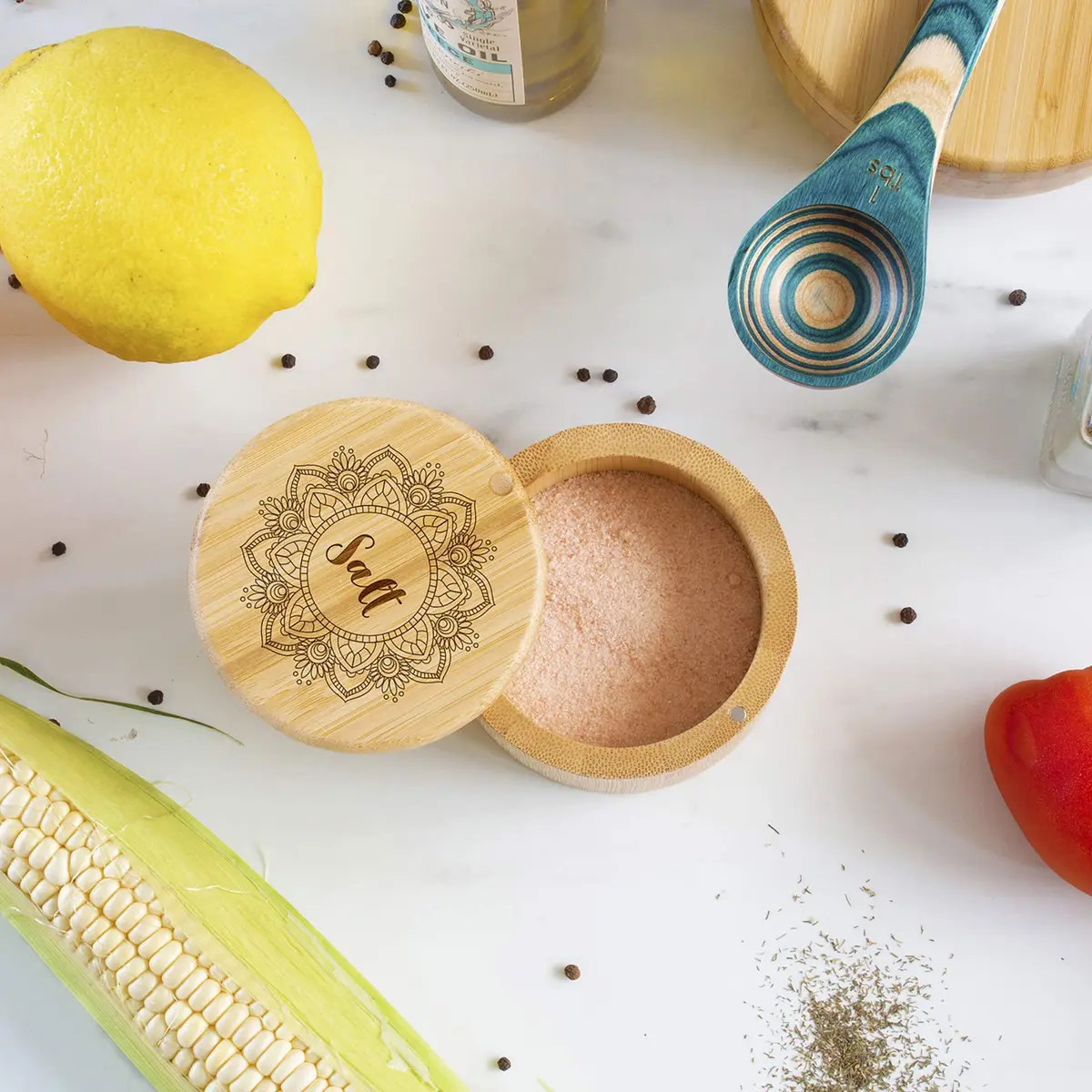 Totally Bamboo Mandala Flower Salt Cellar Bamboo Storage Box with Magnetic Swivel Lid, 6 oz (170 ml) | Keep Spices Handy - view 3