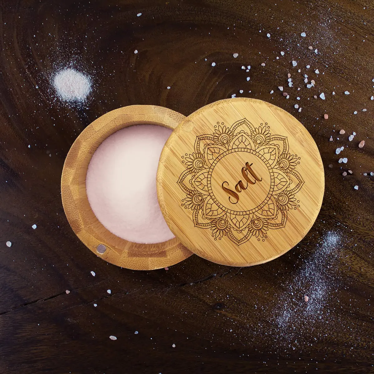 Totally Bamboo Mandala Flower Salt Cellar Bamboo Storage Box with Magnetic Swivel Lid, 6 oz (170 ml) | Keep Spices Handy - view 4