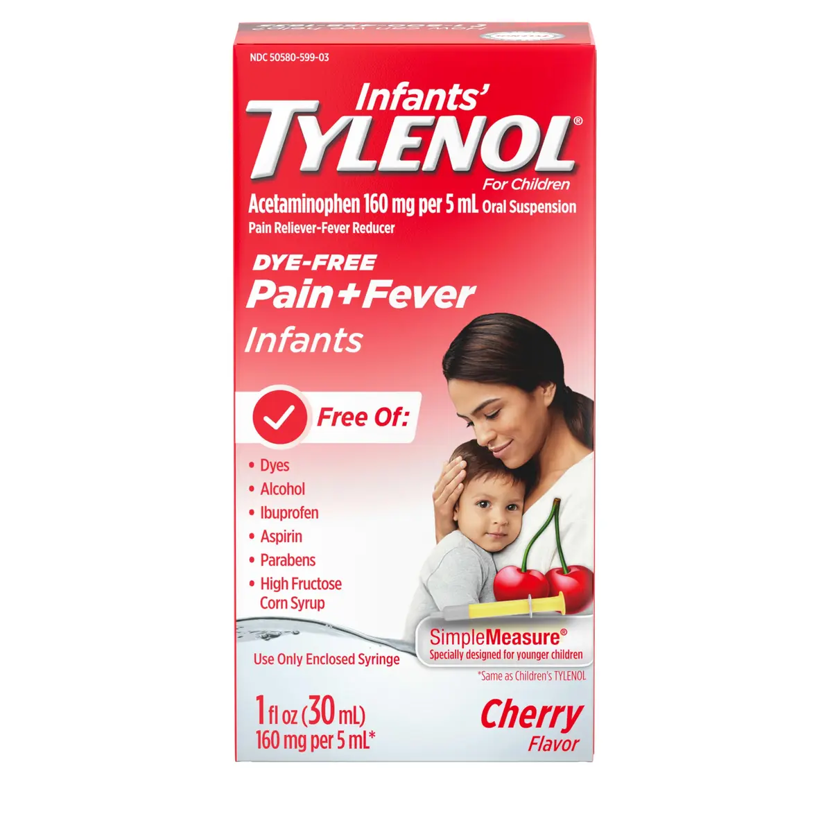 Tylenol Infants Dye-Free Acetaminophen Oral Suspension Cherry 30ml (1 Fl Oz) | Pain & Fever Relief for Babies - main product image