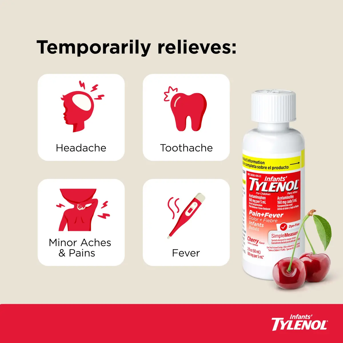 Tylenol Infants Dye-Free Acetaminophen Oral Suspension Cherry 30ml (1 Fl Oz) | Pain & Fever Relief for Babies - view 2
