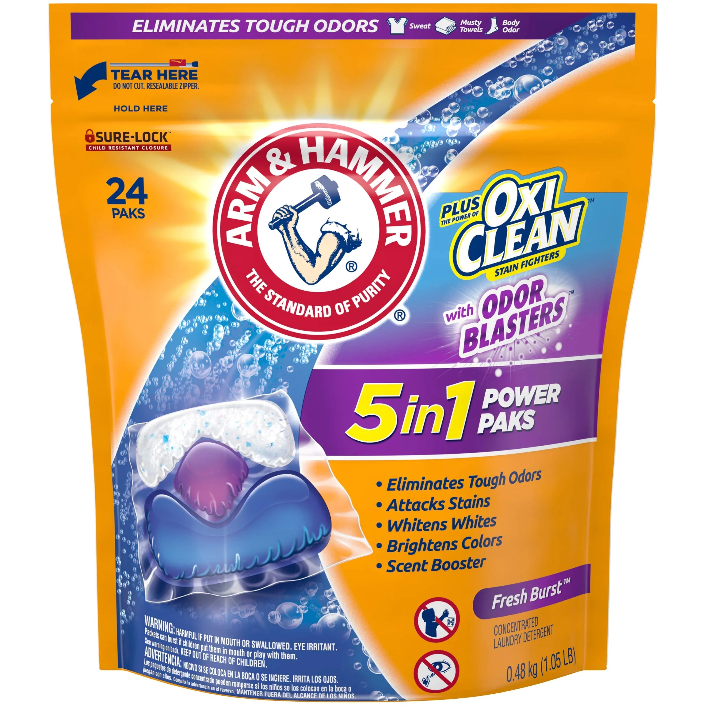 Arm & Hammer Plus OxiClean Odor Blasters 5-in-1 Power Paks, 24 Count | USA Imported Laundry Detergent - main product image