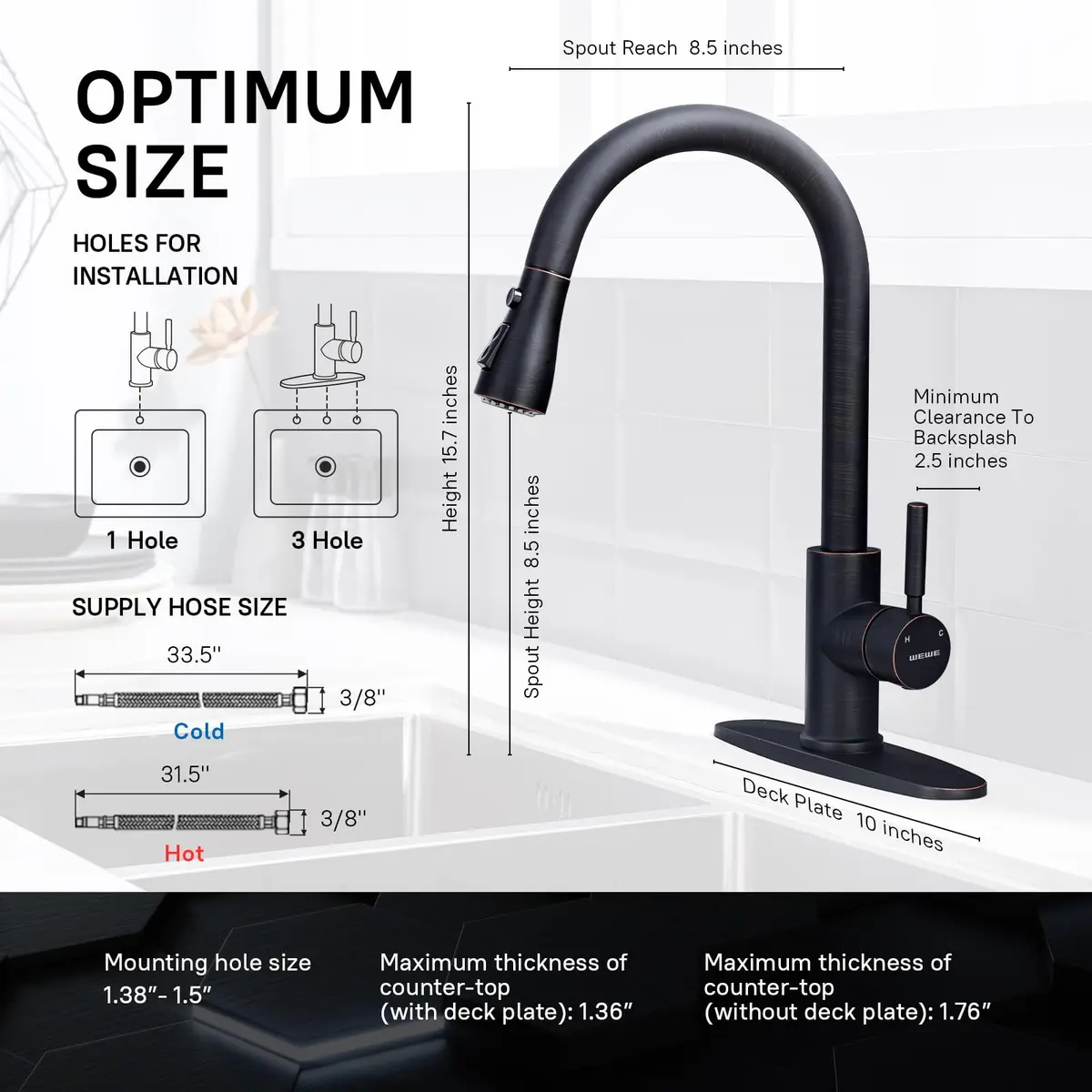 WEWE Kitchen Faucet with Pull Down Sprayer Oil Rubbed Bronze 15.7 Inches | Durable Stainless Steel, 3-Mode, Easy DIY - view 2