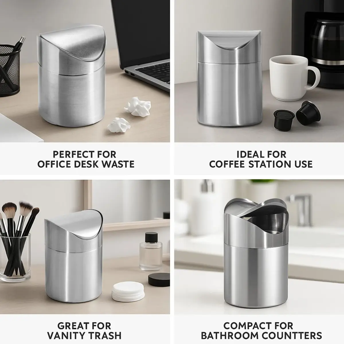 JILLICK Small Mini Trash Can with Lid, Brushed Stainless Steel 1.5L (0.4 Gal) | Compact Countertop Bin - view 6