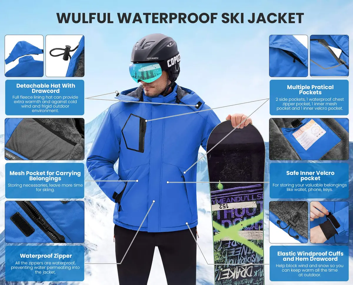 WULFUL Men's Waterproof Ski Jacket Warm Winter Coats Windproof with Hood | Fleece Lined, Water-Resistant, Durable, Relaxed Fit - view 6