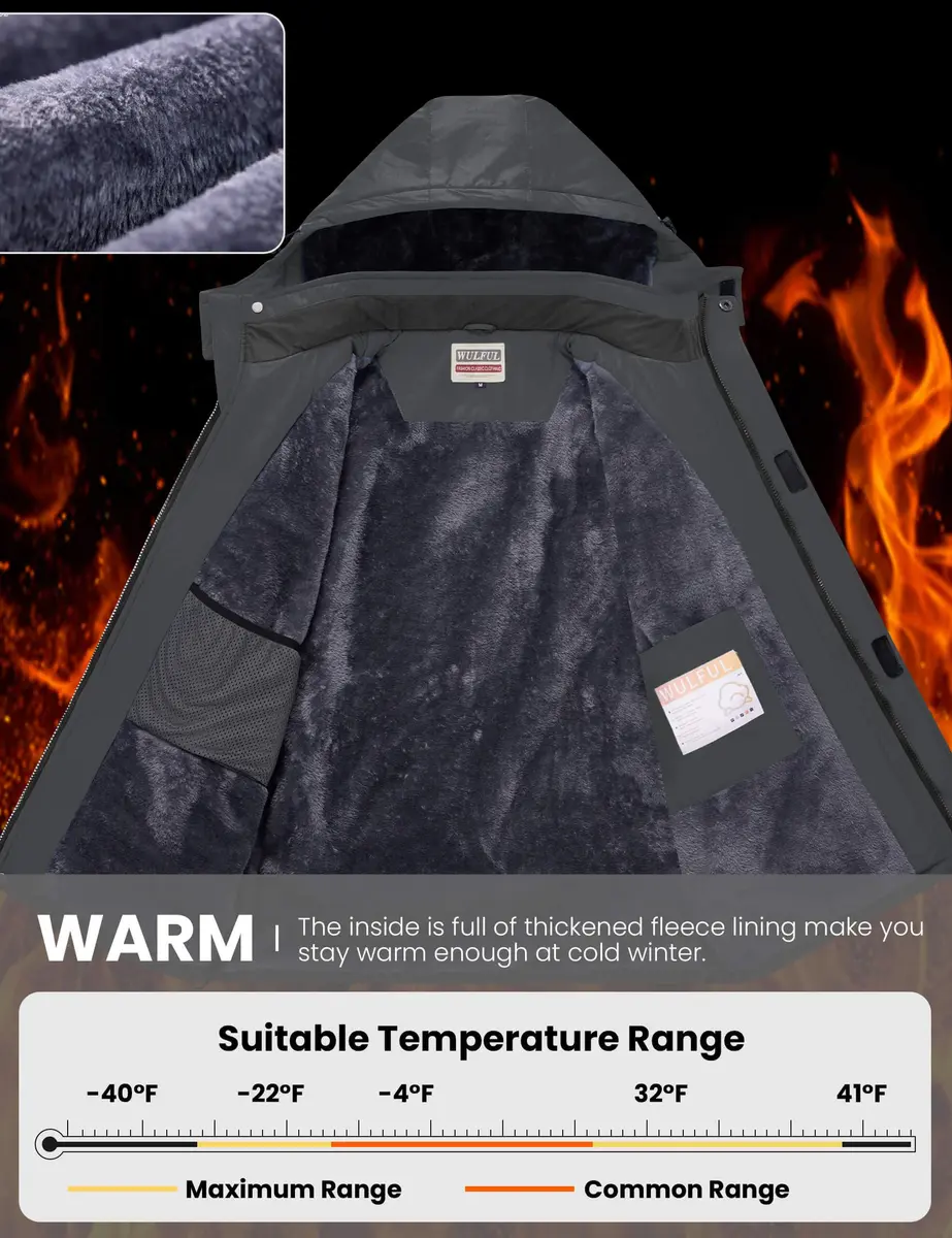 WULFUL Men's Waterproof Ski Jacket Warm Winter Coats Windproof with Hood | Fleece Lined, Relaxed Fit, Water & Windproof - view 5