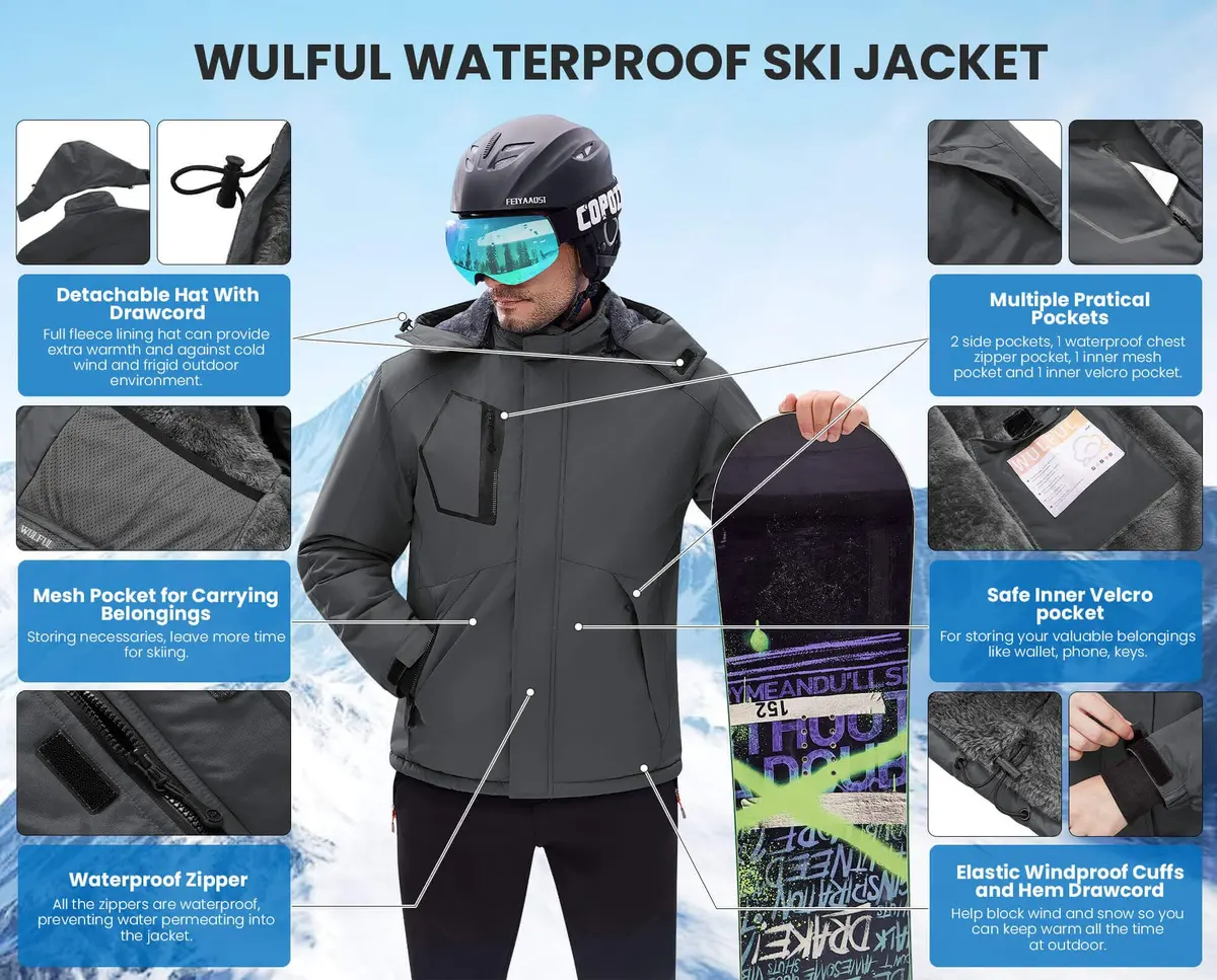 WULFUL Men's Waterproof Ski Jacket Warm Winter Coats Windproof with Hood | Fleece Lined, Relaxed Fit, Water & Windproof - view 6
