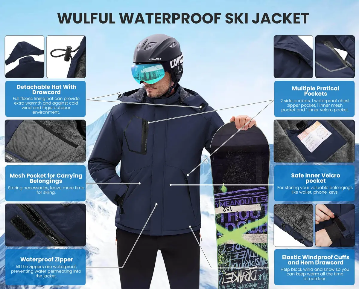 WULFUL Men's Waterproof Ski Jacket Warm Winter Coats Windproof with Hood | Fleece Lined, Relaxed Fit, Water & Wind Resistant - view 6