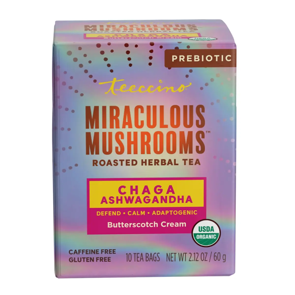 Teeccino Chaga Ashwagandha Tea - Butterscotch Cream - 10 TeaBags - Organic Mushroom Adaptogenic Herbal Tea, 3x More Herbs than Regular Tea Bags, Prebiotic, Caffeine Free, Gluten Free - main product image