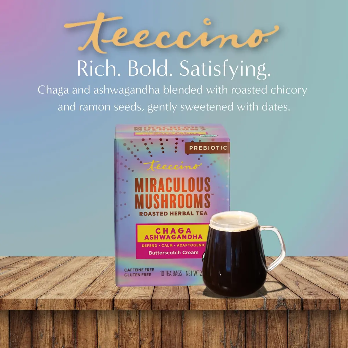 Teeccino Chaga Ashwagandha Tea - Butterscotch Cream - 10 TeaBags - Organic Mushroom Adaptogenic Herbal Tea, 3x More Herbs than Regular Tea Bags, Prebiotic, Caffeine Free, Gluten Free - view 6