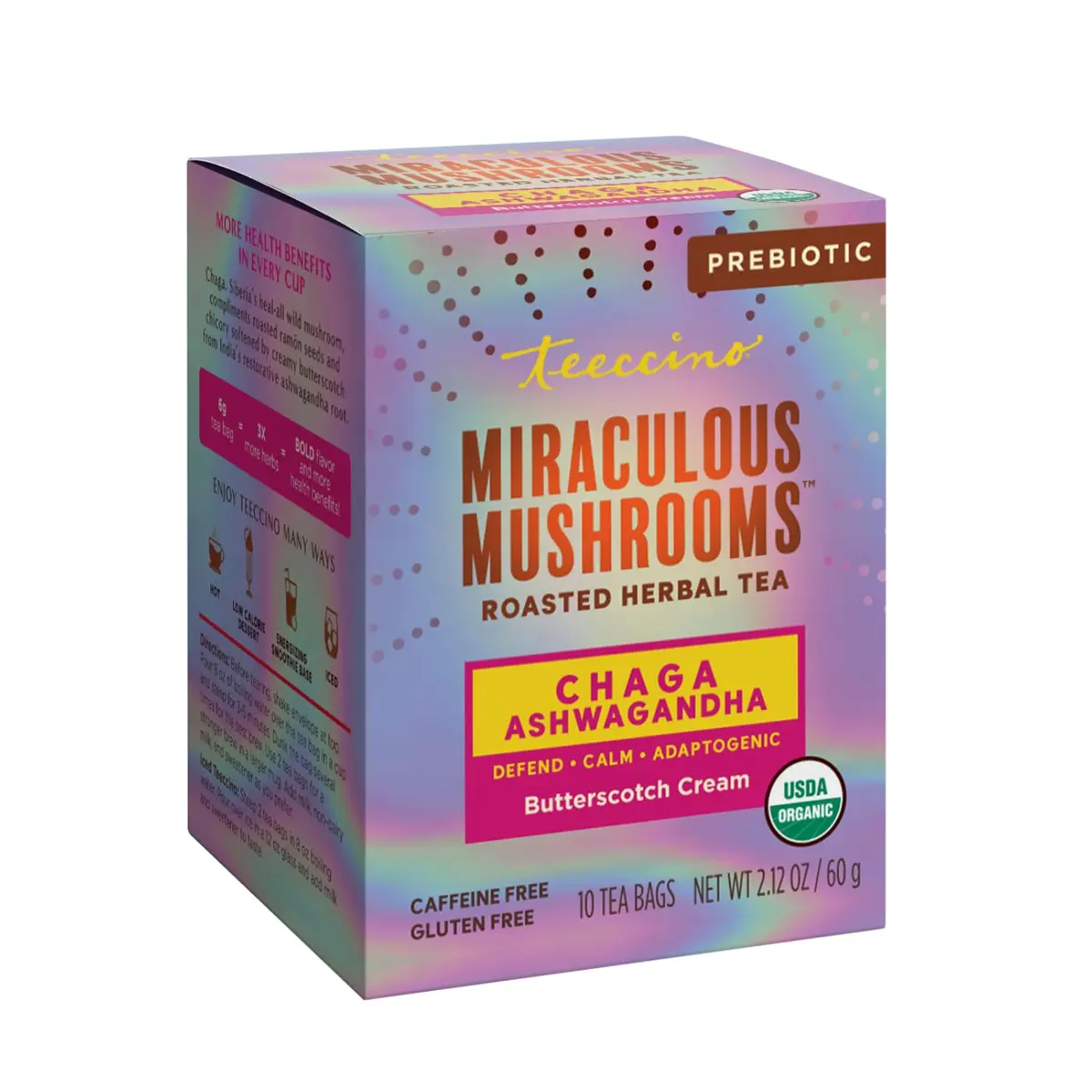 Teeccino Chaga Ashwagandha Tea - Butterscotch Cream - 10 TeaBags - Organic Mushroom Adaptogenic Herbal Tea, 3x More Herbs than Regular Tea Bags, Prebiotic, Caffeine Free, Gluten Free - view 8