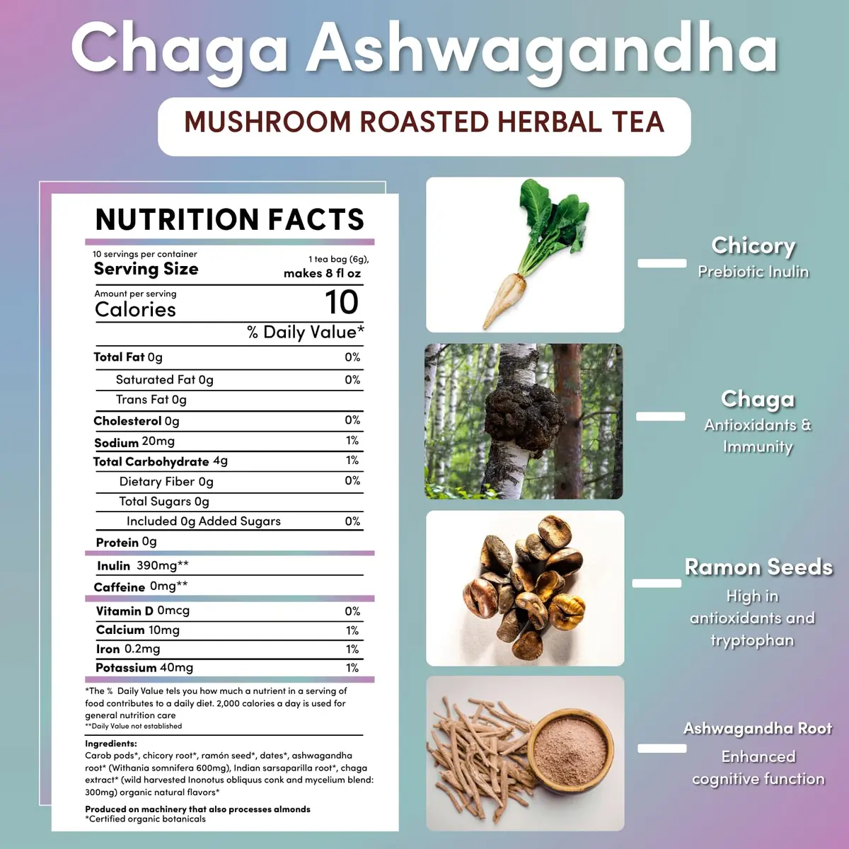 Teeccino Chaga Ashwagandha Tea - Butterscotch Cream - 10 TeaBags - Organic Mushroom Adaptogenic Herbal Tea, 3x More Herbs than Regular Tea Bags, Prebiotic, Caffeine Free, Gluten Free - view 2