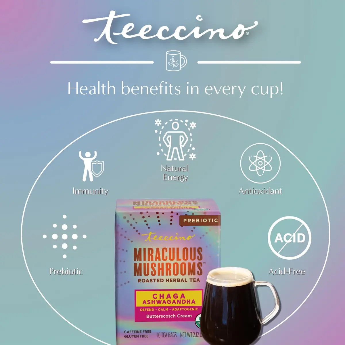 Teeccino Chaga Ashwagandha Tea - Butterscotch Cream - 10 TeaBags - Organic Mushroom Adaptogenic Herbal Tea, 3x More Herbs than Regular Tea Bags, Prebiotic, Caffeine Free, Gluten Free - view 4