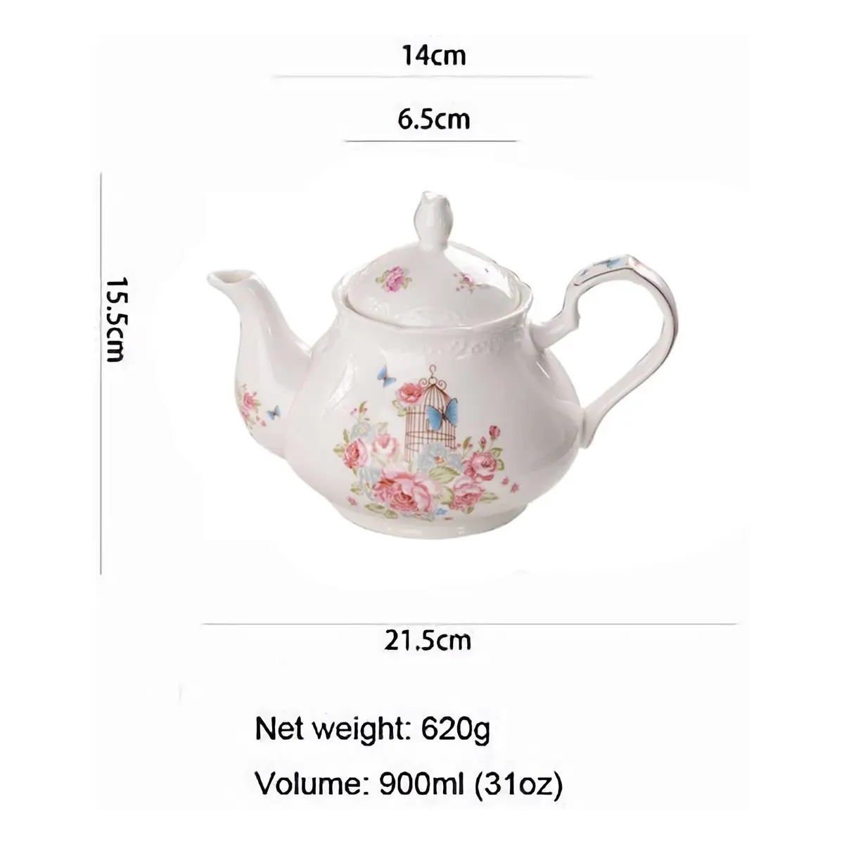 Eplze Pink Rose Ceramic Teapot 900ml (31oz) | Elegant European Style for Tea & Coffee - view 2