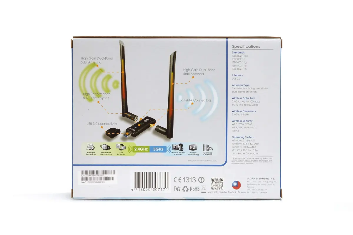 ALFA Network AWUS036ACM AC1200 USB Wi-Fi Adapter | Dual-Band 2.4GHz/5GHz, USB 3.0, External Antenna - view 4