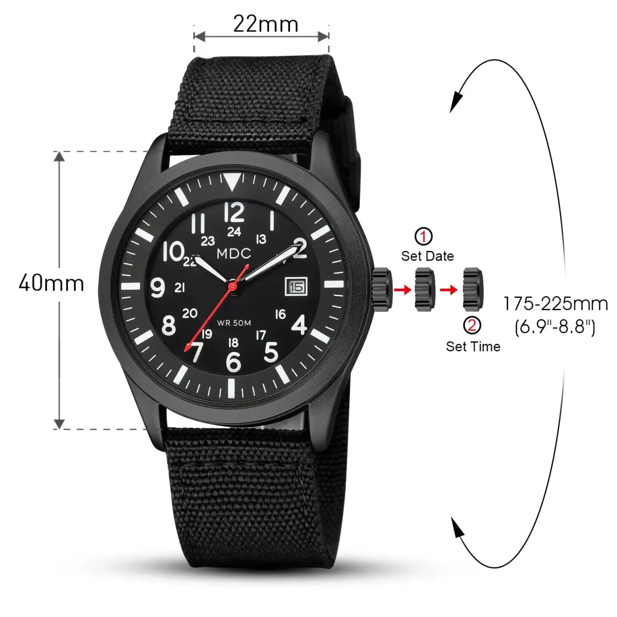 Infantry Mens Military Field Watch 40mm (1.57 inches) | Easy Read Large Face, Black Nylon Band - view 6