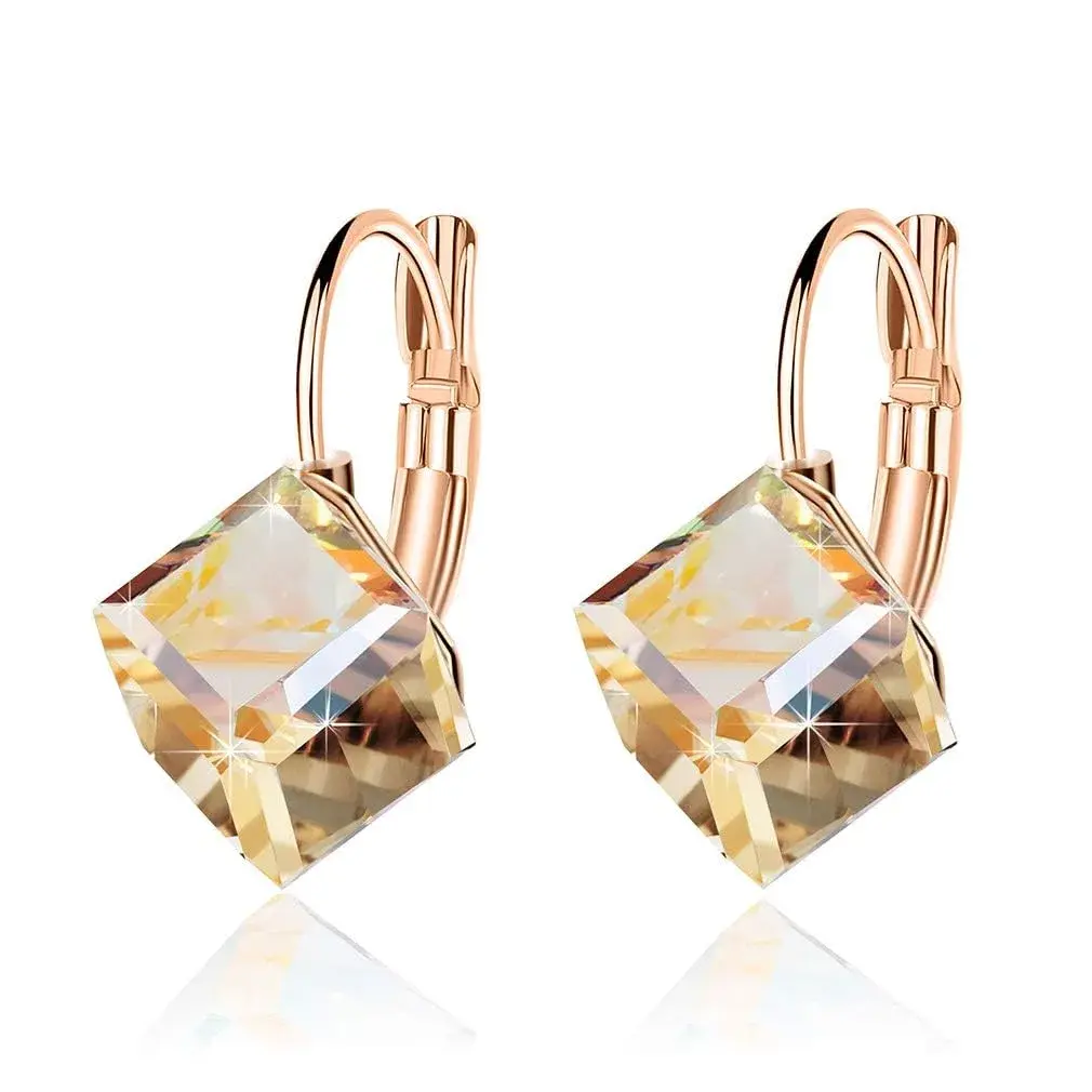 EVEVIC Austrian Crystal Cube Drop Leverback Earrings for Women | 2.29cm (0.9") x 1.52cm (0.6") Champagne Crystal - main product image