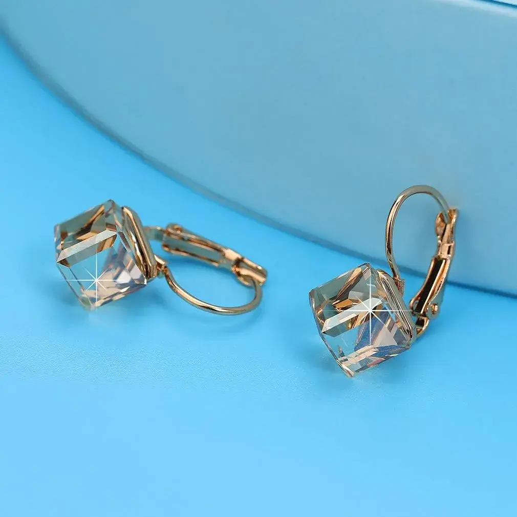 EVEVIC Austrian Crystal Cube Drop Leverback Earrings for Women | 2.29cm (0.9") x 1.52cm (0.6") Champagne Crystal - view 5