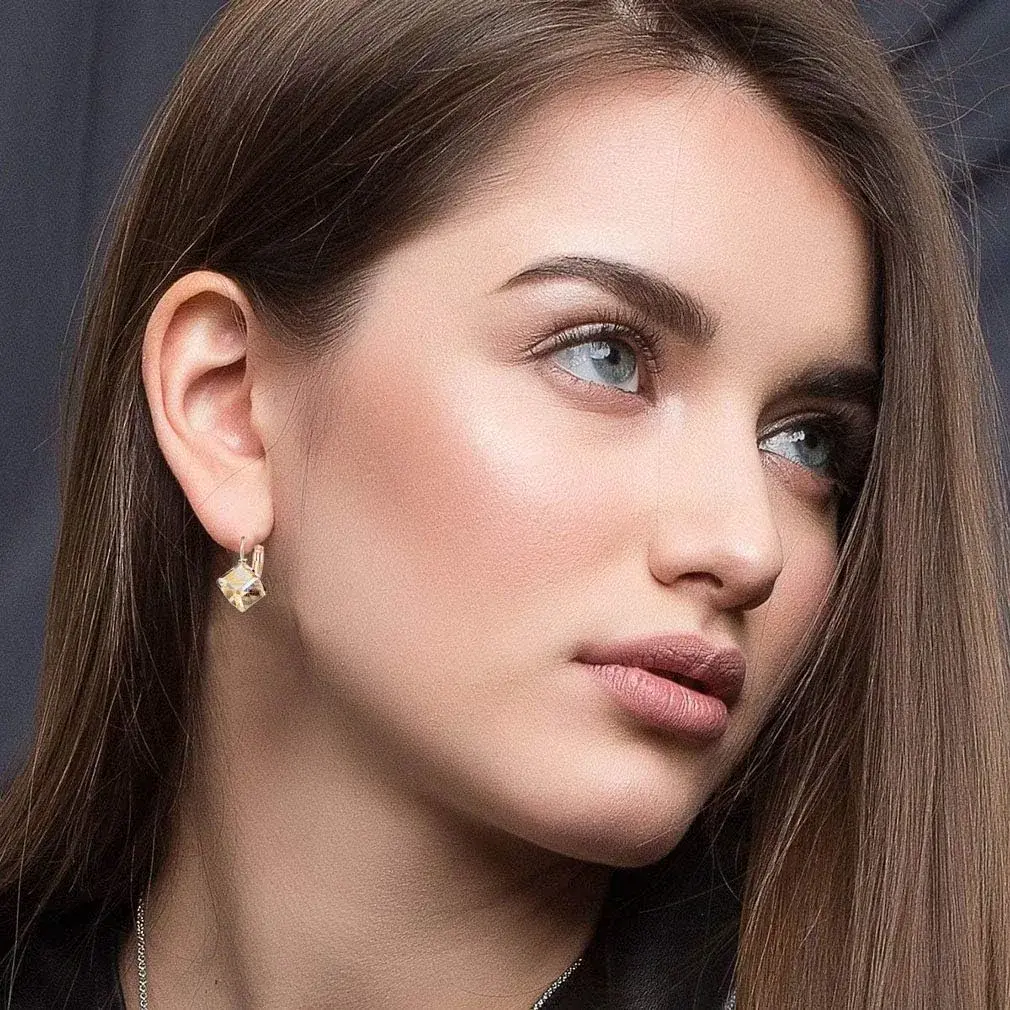 EVEVIC Austrian Crystal Cube Drop Leverback Earrings for Women | 2.29cm (0.9") x 1.52cm (0.6") Champagne Crystal - view 7