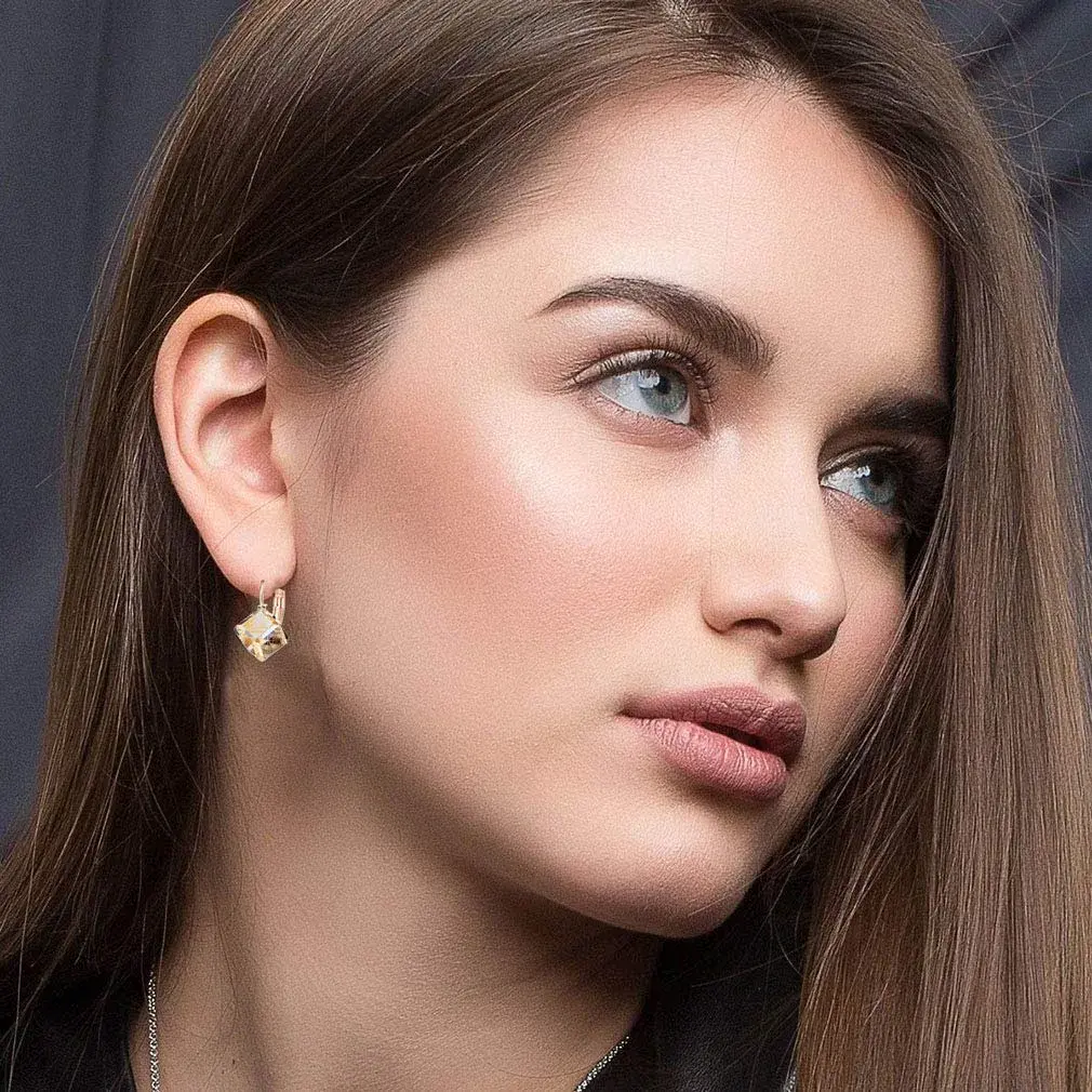 EVEVIC Austrian Crystal Cube Drop Leverback Earrings for Women | 2.29cm (0.9") x 1.52cm (0.6") Champagne Crystal - view 8