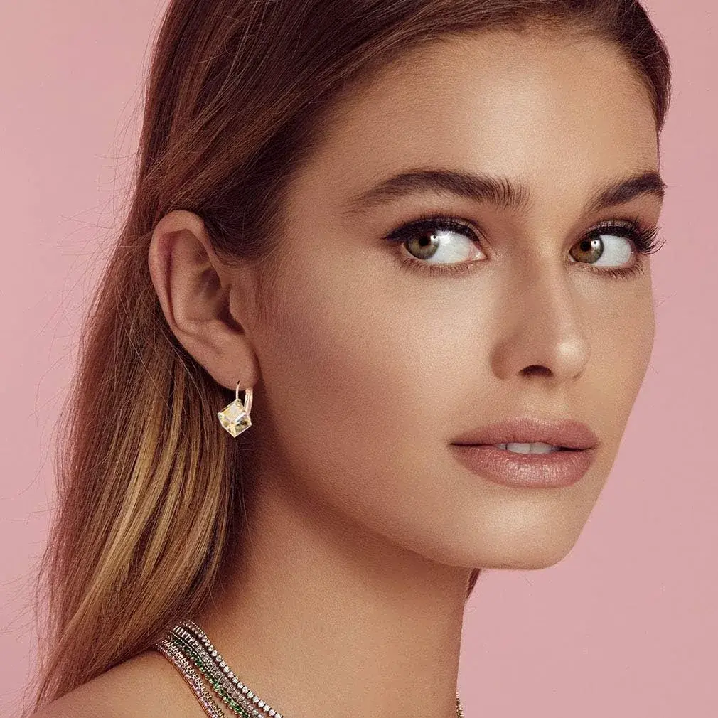 EVEVIC Austrian Crystal Cube Drop Leverback Earrings for Women | 2.29cm (0.9") x 1.52cm (0.6") Champagne Crystal - view 2