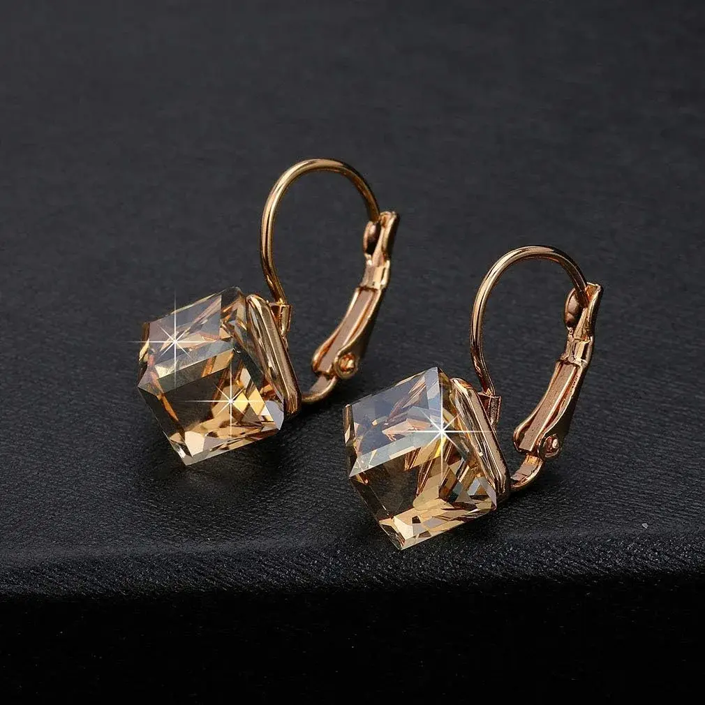 EVEVIC Austrian Crystal Cube Drop Leverback Earrings for Women | 2.29cm (0.9") x 1.52cm (0.6") Champagne Crystal - view 3