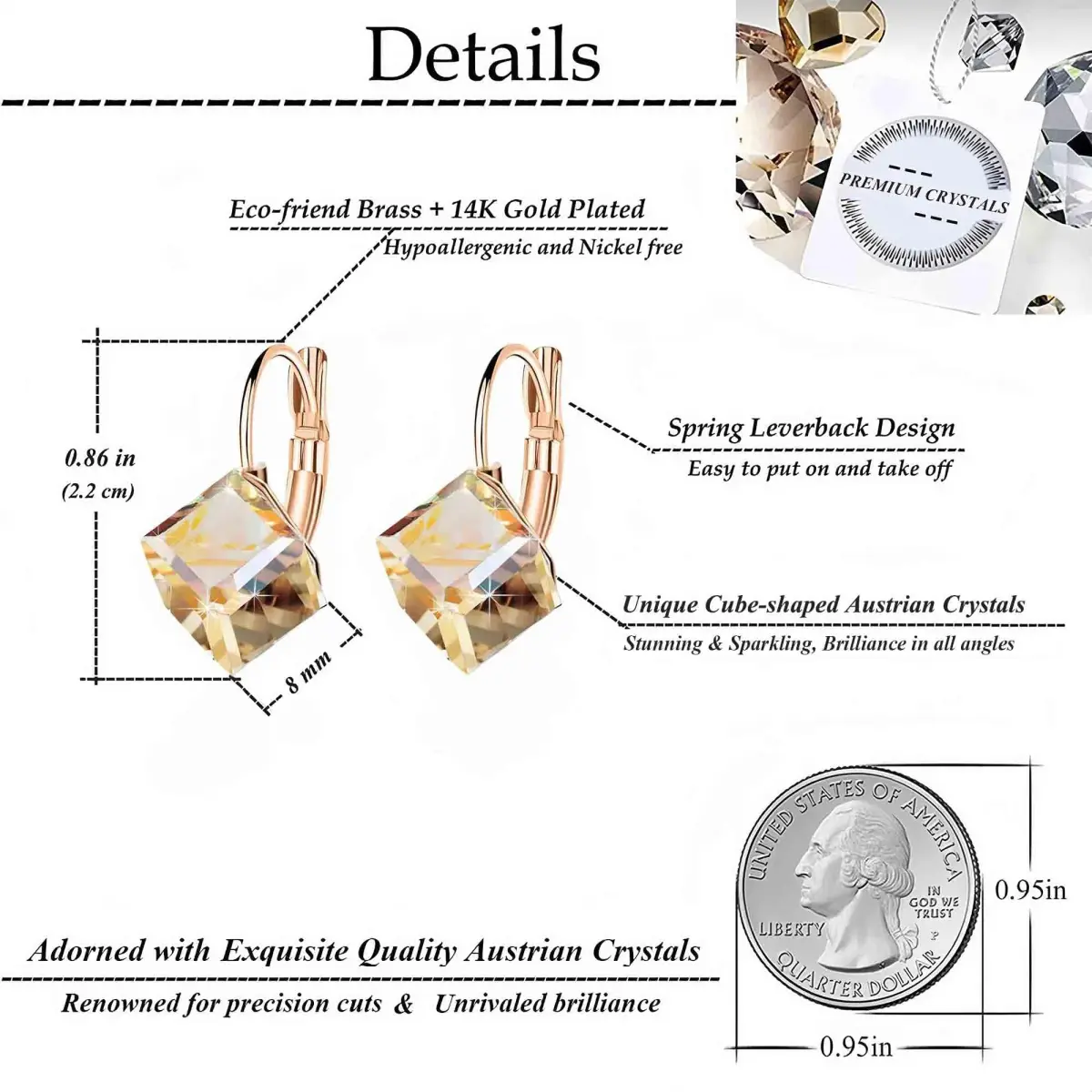 EVEVIC Austrian Crystal Cube Drop Leverback Earrings for Women | 2.29cm (0.9") x 1.52cm (0.6") Champagne Crystal - view 4